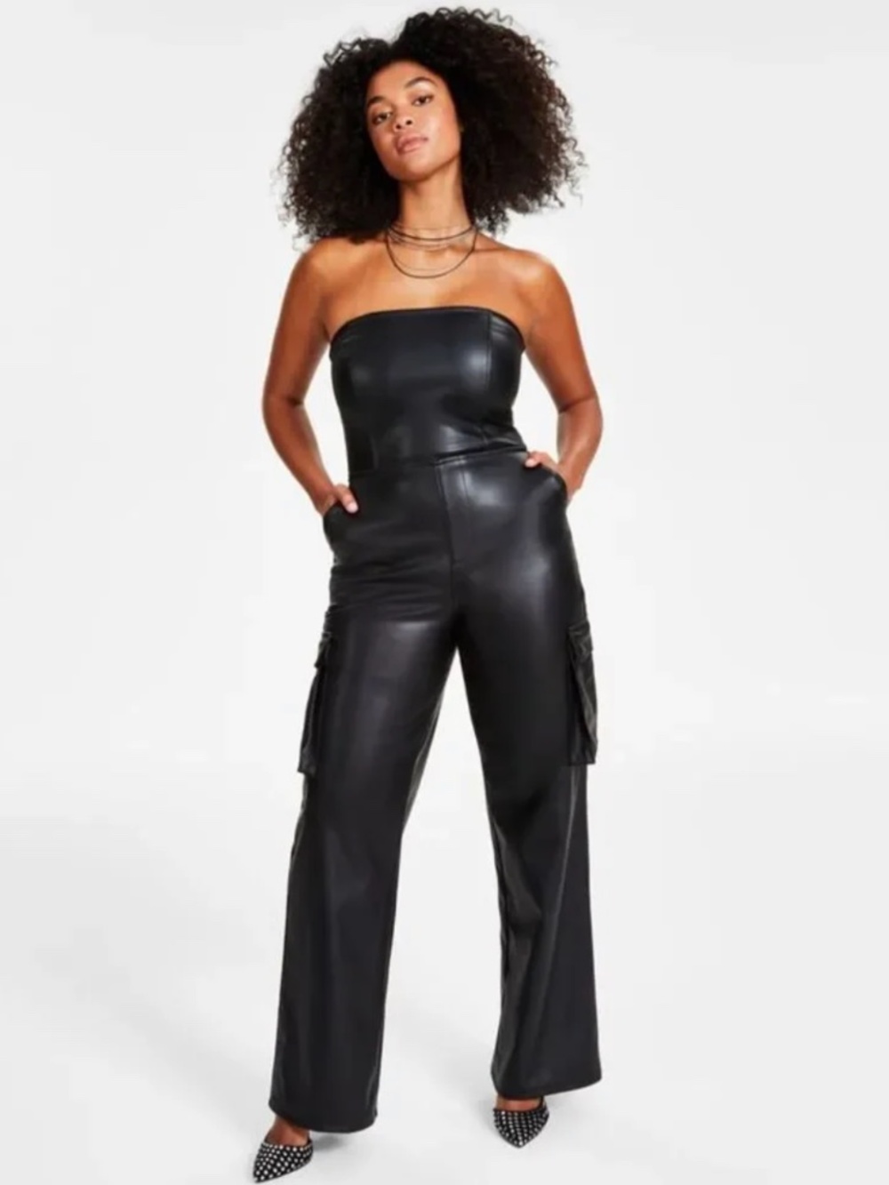 Bar III Black Faux Leather Strapless Cargo Jumpsuit – Size 4